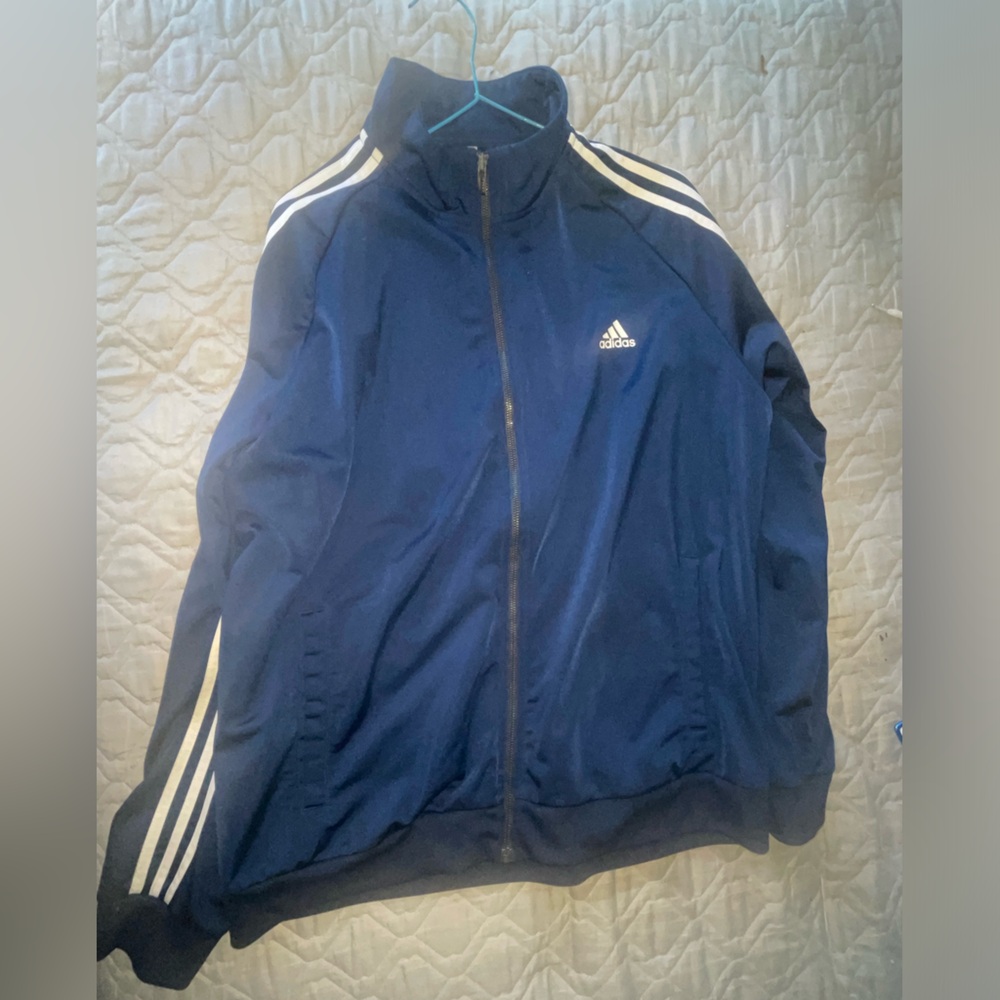 Adidas Dark Blue Zip-Up Jacket with White Stripes
